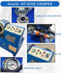 Details of Badass Heavy Duty Electric Hose Crimper And 10 Die Sets 3600 KN Hydraulic Press showing control panel and pressure gage.