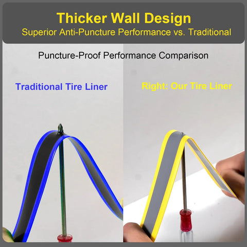 Comparison of 80mm Fat Bike Tire Liner Self Adhesive Inner Tube Protector against traditional liner, highlighting thicker wall design.