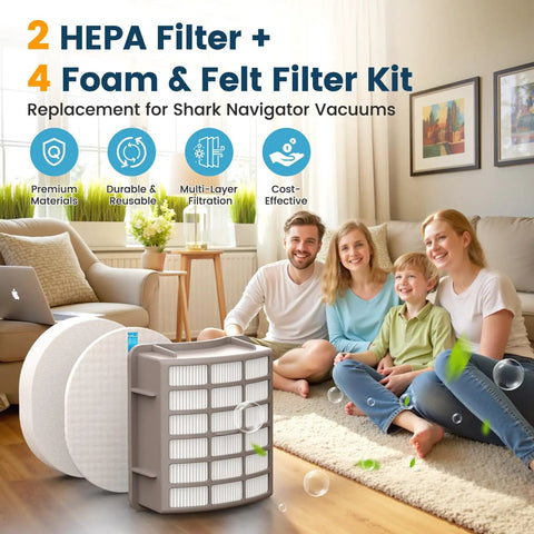 Family sitting on a couch, smiling with Replacement Six Filter Set With 4 Foam And 2 Post Motor Filters For Shark Navigator Pro displayed.