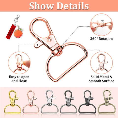 Heavy Duty Keychain Bulk With Swivel Hooks D Rings And Slide Buckles For Handbag Purse Hardware Craft showing various metal clips with 360° rotation.