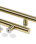 Grab These Super Tough Eighteen Inch Heavy Duty Push Pull Door Handles Made From Commercial Grade Stainless Steel Featuring Solid Standoffs And A Killer PVD Polished Gold Finish Ideal For Barn Doors Glass Doors And More With Chamfered Edges., 18-inch gold stainless steel push pull door handles with standoffs