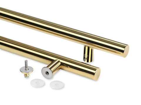 Grab These Super Tough Eighteen Inch Heavy Duty Push Pull Door Handles Made From Commercial Grade Stainless Steel Featuring Solid Standoffs And A Killer PVD Polished Gold Finish Ideal For Barn Doors Glass Doors And More With Chamfered Edges., 18-inch gold stainless steel push pull door handles with standoffs