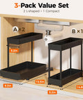 3 Pack L Shaped Under Sink Organizers With Real Smooth Glide Drawers To Toss The Clutter Out Of Deep Cabinets, dimensions displayed.