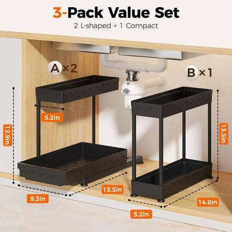 3 Pack L Shaped Under Sink Organizers With Real Smooth Glide Drawers To Toss The Clutter Out Of Deep Cabinets, dimensions displayed.
