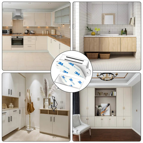 Magnetic Cabinet Door Catch 4 Pack With Dual Install Options displayed in various kitchen cabinet and closet settings.