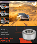 Image of a Toyota off-roading in the desert alongside diagrams of wheel bearing functionality and a high-load capacity bearing.