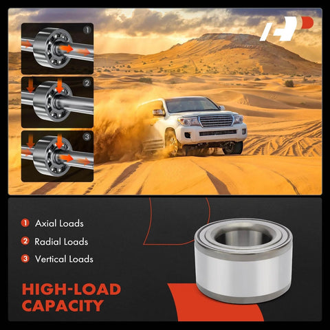 Image of a Toyota off-roading in the desert alongside diagrams of wheel bearing functionality and a high-load capacity bearing.