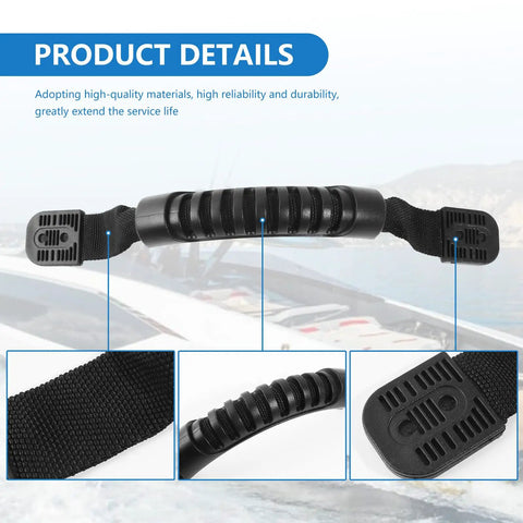 Heavy Duty Kayak Handles 4 Pack for Easy Portage and Boat Carry Marine Grade Nylon Grab Handles shown with installation details