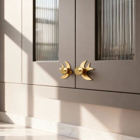 Solid Brass Gold Cabinet Knobs 4 Pack With Swallow Backplates on kitchen cabinet, brushed brass finish, modern dresser handles