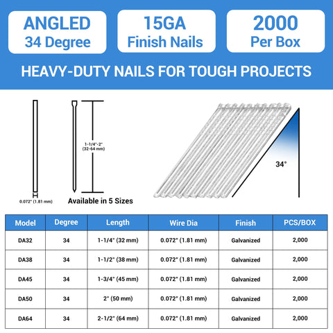 Diagram of 15 Gauge Finish Nails One And Three Quarters Inch 34 Degree Angled Galvanized Finishing Nails specs and dimensions.