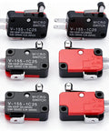 6 Pack Micro Limit Switches With Short Hinge Roller Lever Arm, SPDT 1NO 1NC, Push Button Actuator, For Arduino Projects, Model V-155-1C25, 4 X 2.3 X 1.1 Cm, DC 0.6A125V And 0.3A250V, Red Black Silver, side and back views