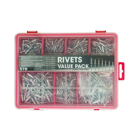Dome Head Blind Pop Rivets Kit With 570 Pieces And 3 Drill Bits For Quick Install In Metal Plastic And Wood Aluminum Rivets Set Built To Last Works With Manual Or Pneumatic Rivet Guns Secure And Vibration Resistant Hold. 570-piece rivet case
