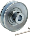 One Groove 3.5 Inch V Belt Pulley For A B 5L 4L Belts, 5/8 Inch Bore, 1020 Steel Zinc Plated Motor Pulley With Keyseat, wrench shown