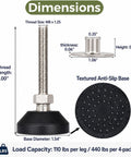 Premium Adjustable Leveling Feet For Uneven Floors 4 Pack M8 X 1.25 Cabinet Legs dimensions with threaded shaft and anti-slip base.