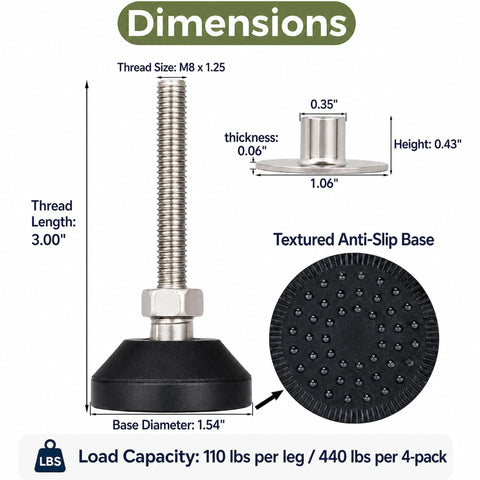 Premium Adjustable Leveling Feet For Uneven Floors 4 Pack M8 X 1.25 Cabinet Legs dimensions with threaded shaft and anti-slip base.