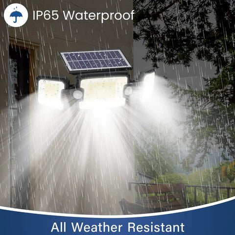 Three Head Solar Outdoor Flood Lights 7300LM IP65 Waterproof Security Spotlight with rain highlighting weather resistance