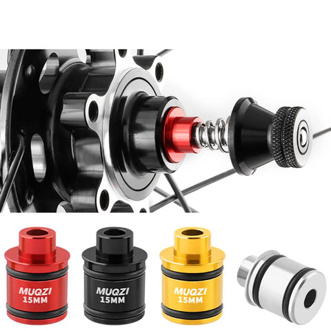 1 Pair Mountain Bike Hub Quick Release Adapter End Cap Converts 12mm and 15mm Thru Axles to 9mm Quick Release for Mountain and Road Bikes Aluminum Alloy Durable Black, showcasing various colors and installed adapter in hub.