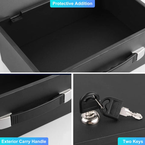 Open view of Fireproof Document Box With Key Lock Portable Metal Safe With Handy Carrying Handle, showing keys and lock.