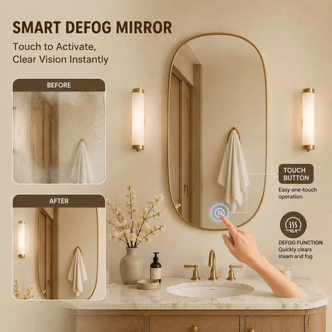 Smart Defog Mirror demonstrating touch activation, oval shape, for clear visibility in modern bathrooms.