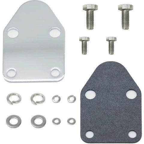 Bolt On Fuel Pump Block Off Plate Kit With Gasket And Stainless Hex Bolts For Small Block Chevy SBC Engines 265 283 327 305 302 350 383 400 Direct Fit With Heavy Gauge Steel Gasket For Durable Seal And Easy Bolt On Installation, with plate, gasket, bolts, washers