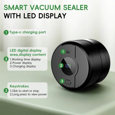 Electric Mason Jar Vacuum Sealer Kit with LED Display showing type-c port, power, and charging indicator
