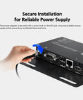 Secure power connection with a hand tightening a screw lock on the No Sweat Setup 4K HDMI Cat6 KVM Extender.