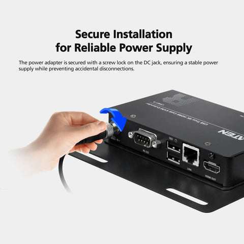 Secure power connection with a hand tightening a screw lock on the No Sweat Setup 4K HDMI Cat6 KVM Extender.