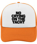 Orange and white baseball cap with 'No Crying on the Yacht' text, casual breathable cap for outdoors, men's low profile style.
