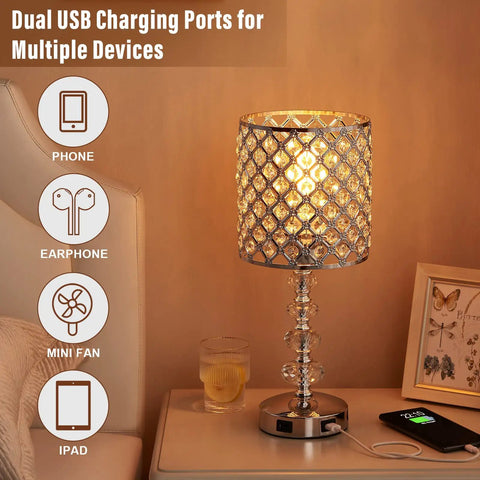 Crystal Bedside Lamp With Touch Control In Silver, 3-Way Dimmable Glam Table Light, USB ports on nightstand with phone charging
