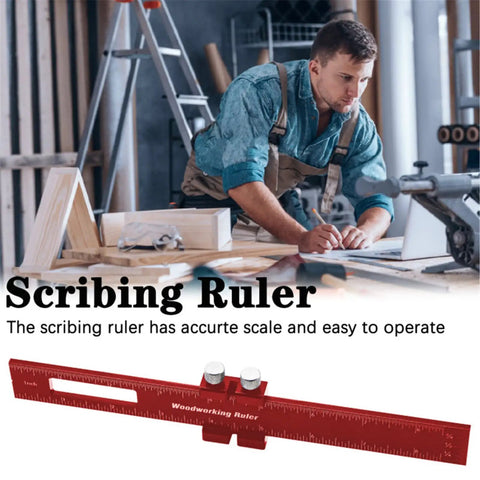 Man using a Pro Grade 3 Piece Pocket Metal Ruler Set With Inch And Metric T Type Scribing Square for precise woodworking.
