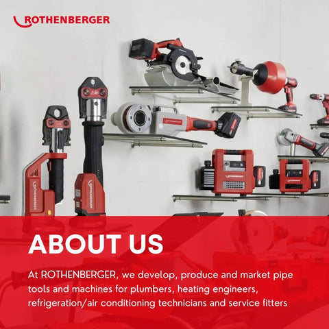 Wall display of Rothenberger pipe tools, including wrenches and drills, with company branding in the ABOUT US section.