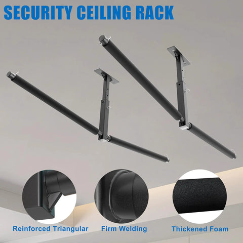 Double Paddleboard And Surfboard Ceiling Storage Rack For Garage Adjustable Overhead Hanger With Straps For Skis Kayaks And Canoes Holds 200 Lbs Black For Quick Setup shown installed on ceiling with foam padding highlights
