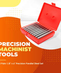 Image of precision machinist tools, showing a red case with ten pairs of 1/8 x 6 inch precision parallel steel sets inside.