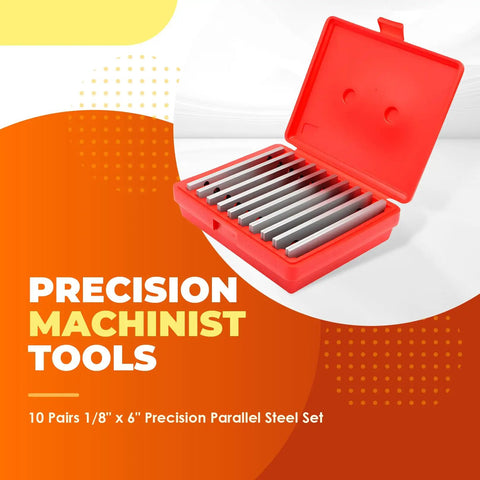 Image of precision machinist tools, showing a red case with ten pairs of 1/8 x 6 inch precision parallel steel sets inside.
