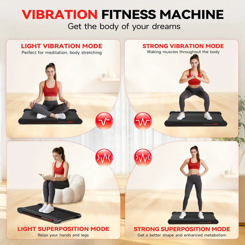Under Desk Vibration Treadmill With 3 In 1 Vibration Plate for home gym, showing light and strong vibration modes with user exercising.