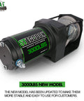 Beefed Up 3000 Lb 12V Electric Winch With Steel Cable, Matte Black, Close-up of Branding and Cable