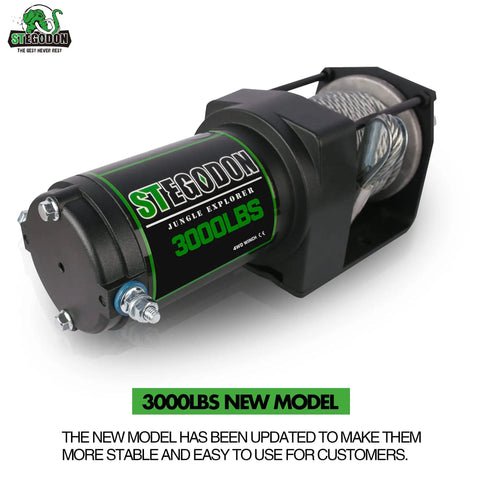 Beefed Up 3000 Lb 12V Electric Winch With Steel Cable, Matte Black, Close-up of Branding and Cable