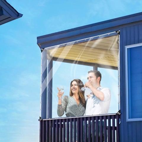 Straight Up Heavy Duty Clear Vinyl Tarp 3X6 Ft Transparent Waterproof Sheet With Reinforced Metal Grommets used on a balcony for outdoor entertaining.