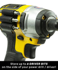 BitGripper V2 Side Mount Drill Bit Holder with 3M Adhesive attached to drill, holding six driver bits for easy access