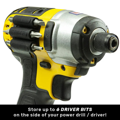 BitGripper V2 Side Mount Drill Bit Holder with 3M Adhesive attached to drill, holding six driver bits for easy access