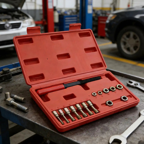 Ultimate 15 Piece Thread Repair Kit With Taps And Dies Plus Double Ended File To Fix Stripped Bolts On Steel And Aluminum Without Breaking The Bank At Home Or In The Shop. Red case open with metric taps and dies on a workbench.