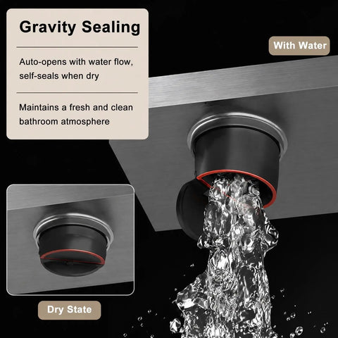 Heavy Duty 304 Stainless Steel Rounded Linear Shower Drain With Reversible Tile Insert Cover showing gravity sealing feature with flowing water.