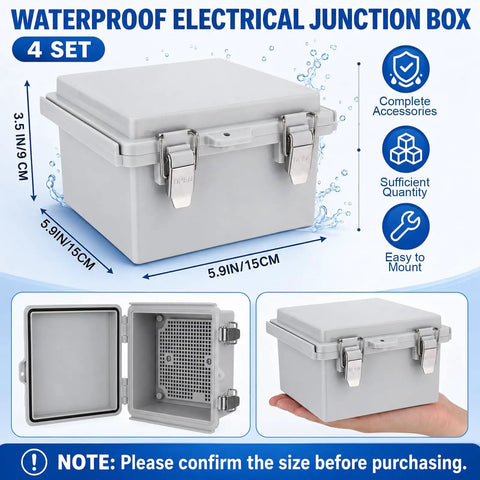 Premium Four Pack Waterproof Electrical Junction Box Outdoor IP67 Plastic Weatherproof Enclosure Gray with lid open for access.