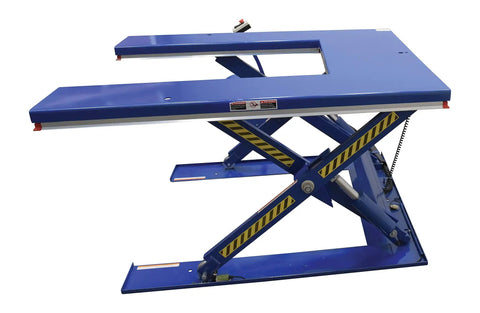 Heavy Duty Electric U Shaped Pallet Lift Table, 3000 Lb Capacity, Blue Powder Coated Steel Frame, Built Tough For Warehouse Work, No Sweat Loading And Unloading Rig Ready