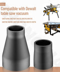 Super Handy Miter Saw Vacuum Adapter For Dust Collection Connects 1-7/8 Inch Vacuum Hose To 2-1/2 Inch Table Saw Outlet And 3/5 Inch Miter Saw Port Universal Fit For Most Saws And Vacuums Keeps Your Workshop Clean And Mess Free showing two sizes in gray material against a background with table saw images
