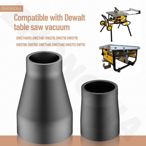 Super Handy Miter Saw Vacuum Adapter For Dust Collection Connects 1-7/8 Inch Vacuum Hose To 2-1/2 Inch Table Saw Outlet And 3/5 Inch Miter Saw Port Universal Fit For Most Saws And Vacuums Keeps Your Workshop Clean And Mess Free showing two sizes in gray material against a background with table saw images