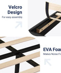 Velcro design and EVA foam details of Queen Platform Bed Frame Built From Heavy Duty Metal And Solid Wood Features A Padded Upholstered Headboard For Quiet Nights Rock Solid Structure Handles Eight Hundred Pounds Protects Floors With Rubber Feet Built Tough For Casual Weekend Kickbacks.