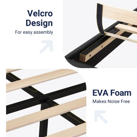 Velcro design and EVA foam details of Queen Platform Bed Frame Built From Heavy Duty Metal And Solid Wood Features A Padded Upholstered Headboard For Quiet Nights Rock Solid Structure Handles Eight Hundred Pounds Protects Floors With Rubber Feet Built Tough For Casual Weekend Kickbacks.