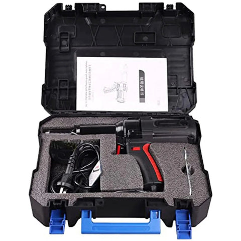 Heavy Duty Electric Blind Riveter 600 Watt Power Tool in hard case with accessories and manual for industrial use.