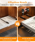 Built Tough Pull Out Cabinet Organizer For Kitchen, No Fuss Mounting With Ultra Strong Adhesive For Pots Pans Spices, Smooth Gliding Expandable Drawer Shelves, Heavy Duty 2 Pack comparison of installation methods with adhesive strip and screws.